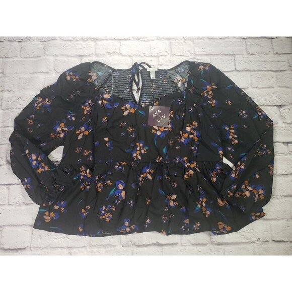 Ava & Viv Women's Plus Size 3X Long Sleeve V-Neck Babydoll Blouse Black Floral - Picture 1 of 6